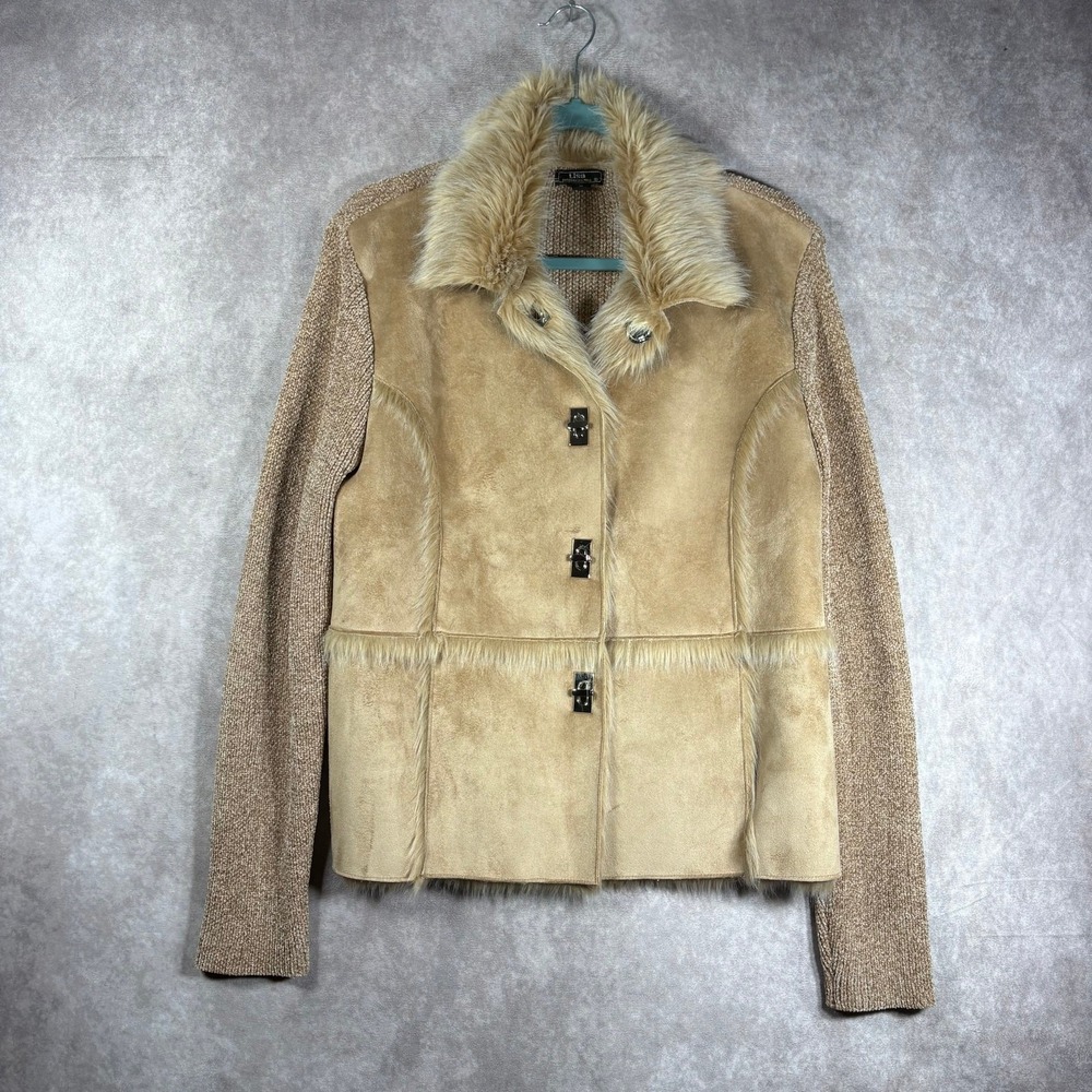 Vintage Lisa International Sweater Jacket Women M Beige Faux Suede Faux Fur Trim